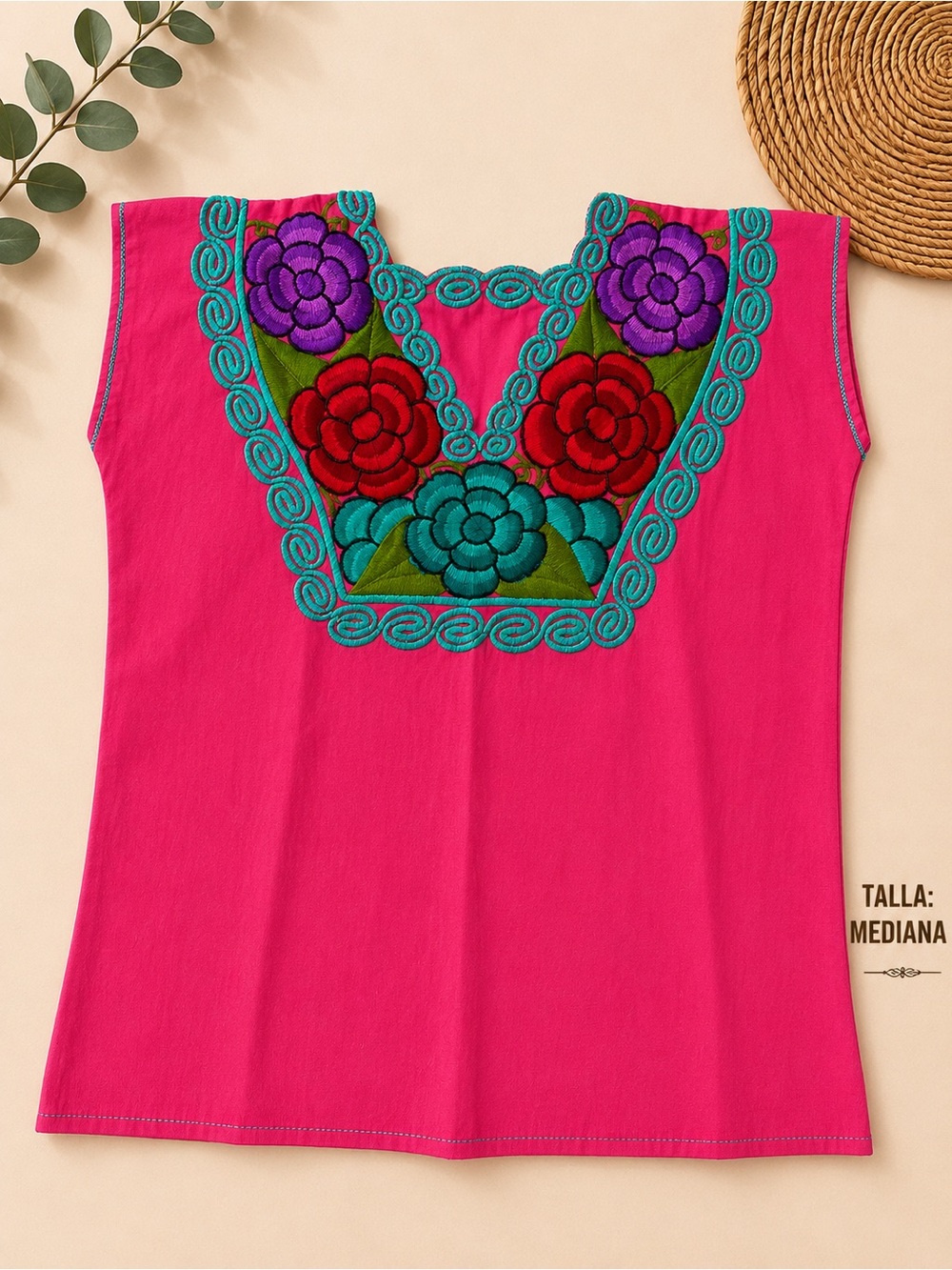 MEXICANA Bright Pink Embroidered Floral Tunic